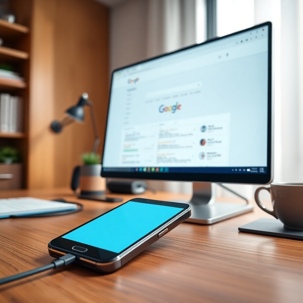 A hyperrealistic, ultra-detailed (8K resolution) image depicting a phone displaying a website with a responsive design smoothly adapting to a phone's screen, with search engine result pages (SERPs) showing the website ranked high in Google search results displayed on a large desktop monitor.  The lighting is bright and clean, using soft, natural light, creating a positive and trustworthy mood. The color palette features clean whites, light blues, and bright accents associated with technology and success. The camera angle provides a simultaneous view of the mobile screen and the desktop, showing the interplay between the mobile optimization and SEO efforts.  The phone should be positioned on a stylish wooden desk, with various accessories such as charging cable and a coffee cup. The desktop monitor showcases a professional setting, highlighting the ranking of the website in Google Search results. The textures should highlight the smooth glass of the phone screen, the wood grain of the desk and the metallic details. The overall style should be clean, professional and modern, similar to a tech company's promotional image. The image conveys a sense of accomplishment and success, using a depth of field that focuses on both the mobile phone and desktop monitor.