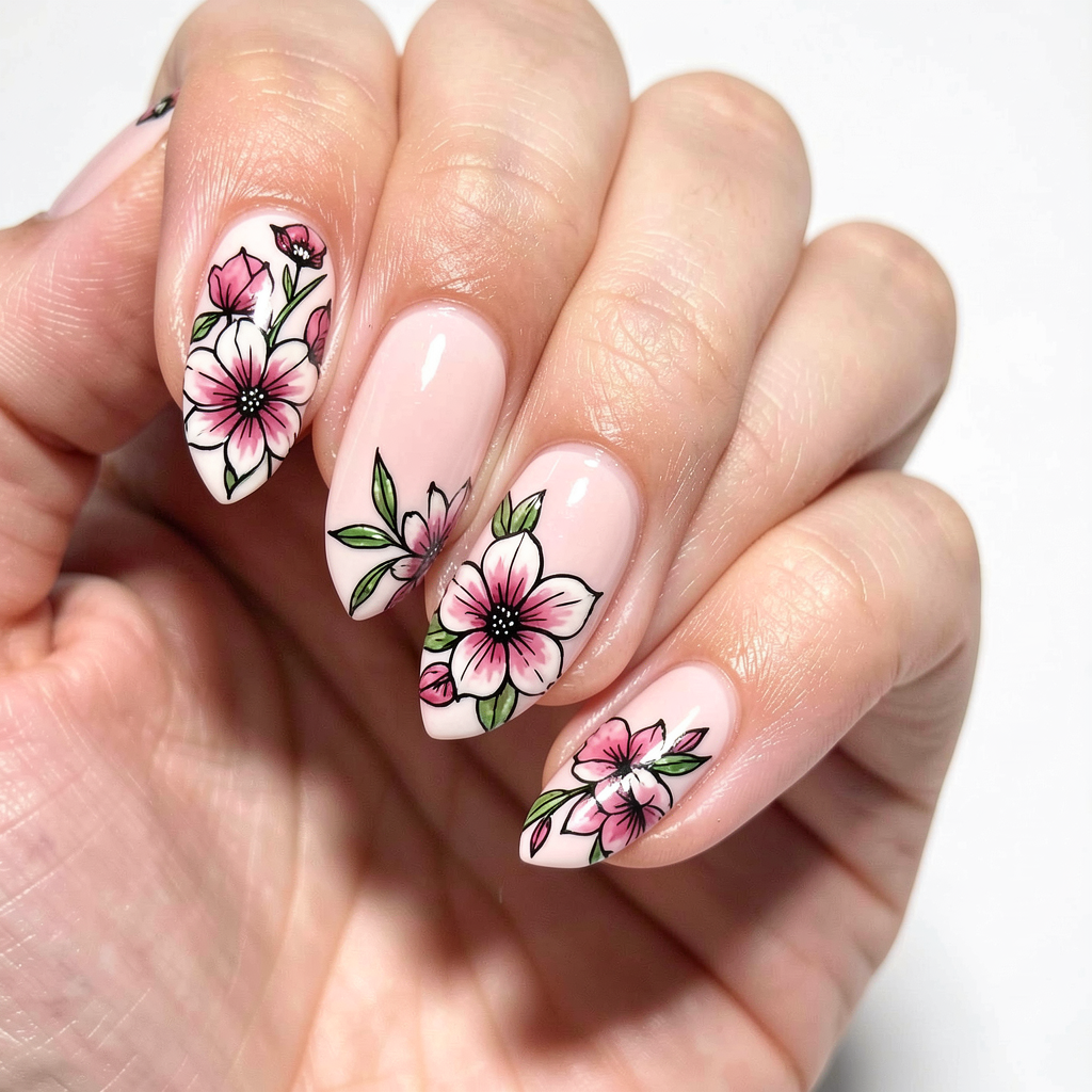 Detailed floral gel nail art.