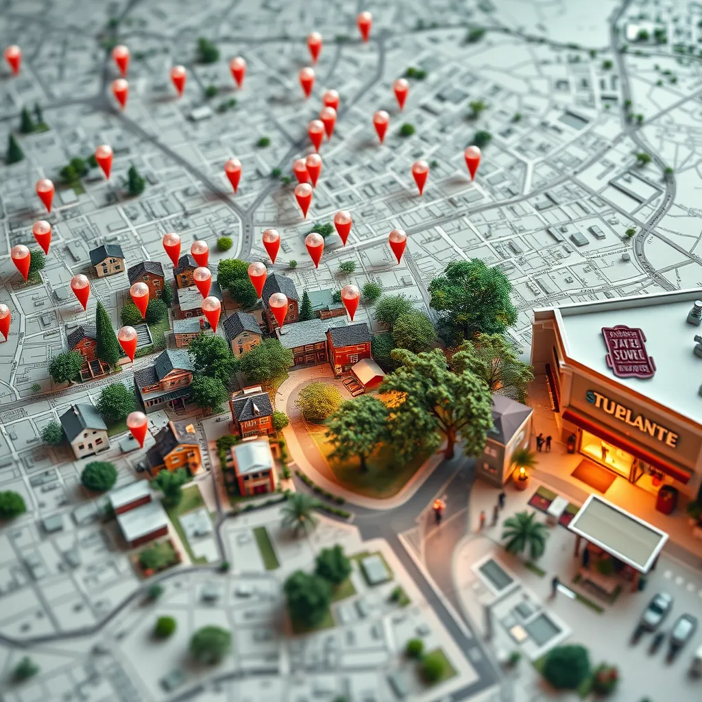 A map of a city with pins highlighting various neighborhoods, with a close-up view on a specific neighborhood showing houses and apartments, a park, and a vibrant street scene with shops and cafes. The map should be overlaid with graphs and data highlighting population growth, rental rates, and home values.