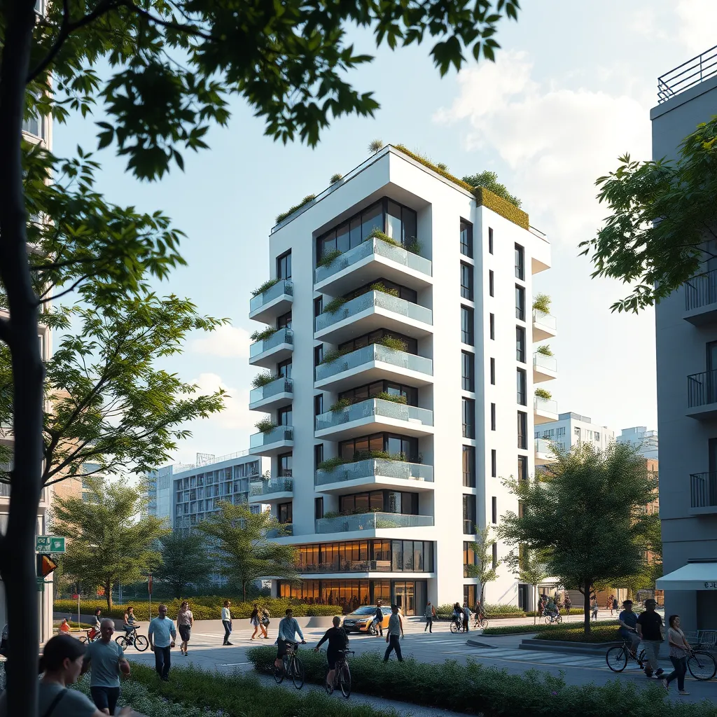 A modern, minimalist apartment building with a rooftop garden and sustainable features, surrounded by vibrant city life with people walking, cycling, and enjoying outdoor spaces. The image should convey a sense of community and a focus on quality of life.