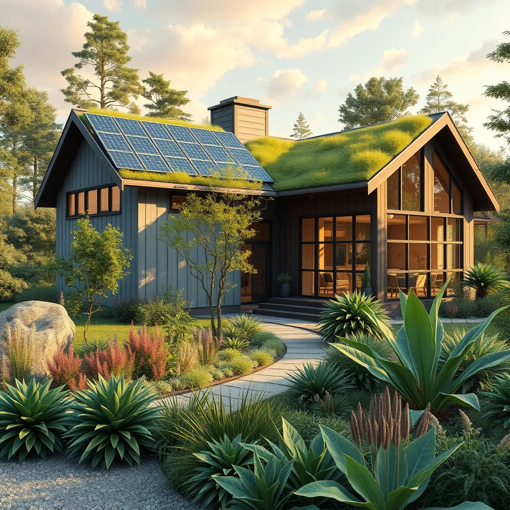 A modern, sustainable house with solar panels, green roof, and a large garden with native plants. The image should showcase a harmonious blend of nature and modern architecture, emphasizing sustainability and eco-consciousness.