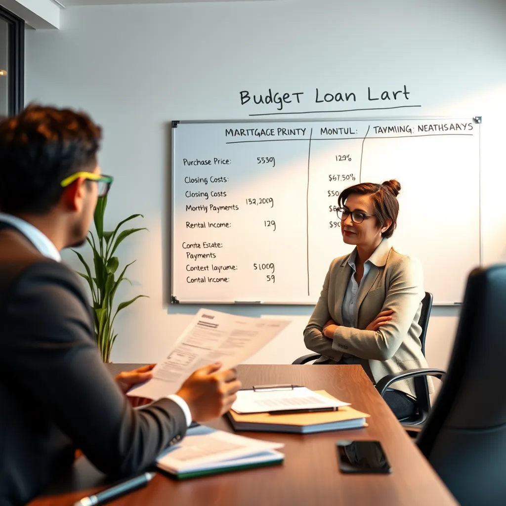 A person meeting with a real estate agent in a modern office setting, reviewing documents related to a mortgage loan. In the background, a whiteboard displays a detailed budget breakdown with headings like 'Purchase Price', 'Closing Costs', 'Monthly Payments', and 'Rental Income'.