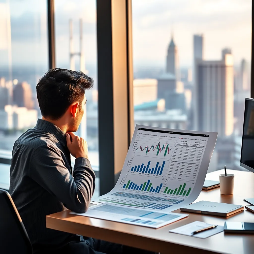 A person sitting at a desk, reviewing a spreadsheet with graphs and financial data, with a large 'Goals' heading on the top.  The background is a modern office setting with a large window overlooking a city skyline.