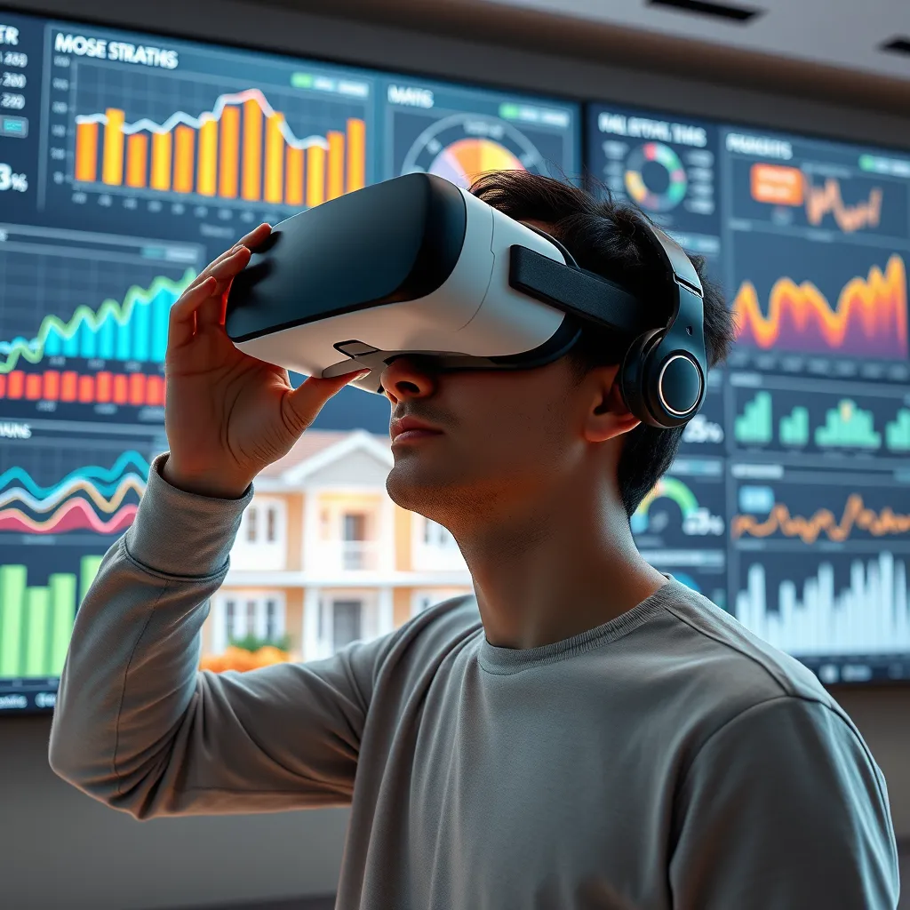 A person using a virtual reality headset to explore a 3D model of a house. In the background, data visualizations and charts on a large screen show real estate trends and market analysis. The image should convey a sense of innovation and the use of technology in real estate.