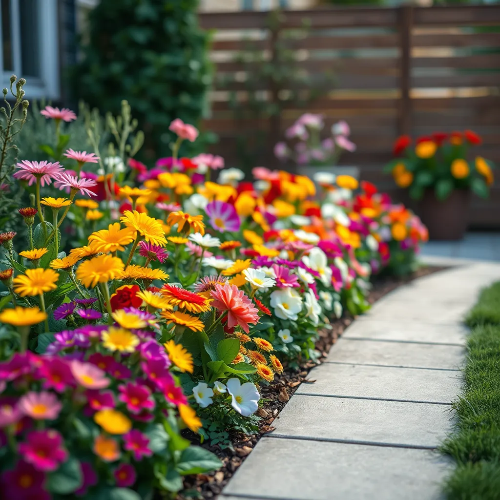 A photograph of a newly installed flower bed with a variety of colorful flowers blooming in a meticulously designed layout. The image should showcase a balanced mix of flowers and greenery, creating a visually pleasing and harmonious scene in the outdoor space.