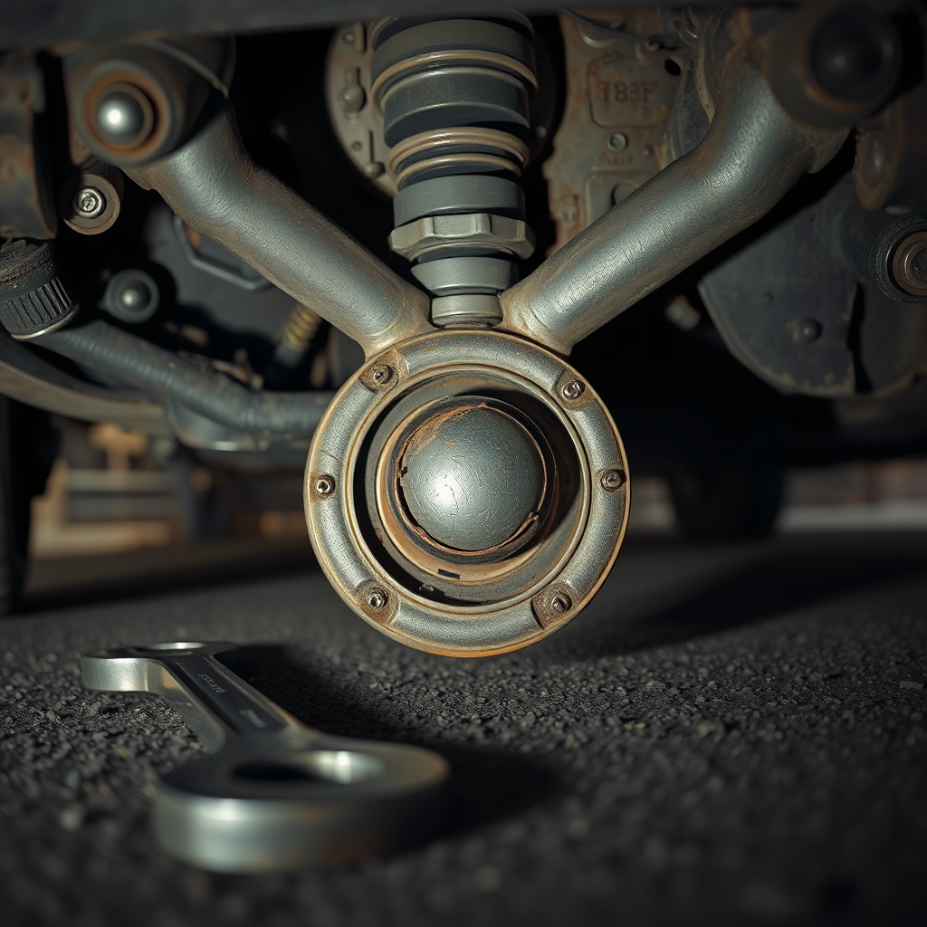 A photorealistic 4K image focusing on the undercarriage of a car, with a visible worn-out ball joint. The lighting should be dramatic, emphasizing the damaged part. A wrench should be lying nearby. Style: gritty and realistic.