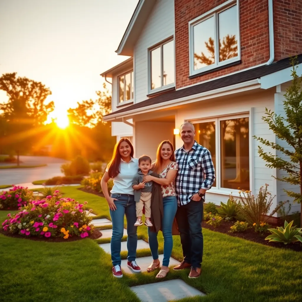 A photorealistic, 8K resolution image showcasing a happy family standing in front of a newly renovated, modern home in the Detroit suburbs. The sun is setting, casting a warm, golden light on the scene. The home features a white exterior with large windows, a manicured lawn, and a lush flower garden. The family is dressed casually, and they are smiling and looking at the camera. In the background, a quiet suburban street with well-maintained homes and mature trees adds to the sense of community and tranquility. The style should be inspired by a cinematic, high-end real estate photography aesthetic.  Capture the details of the home's architecture, the textures of the brick and wood, the vibrant colors of the flowers, and the soft glow of the setting sun. The image should convey a feeling of warmth, hope, and the fulfillment of a dream.