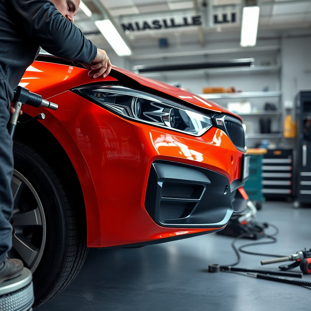 A photorealistic, ultra-high definition (8K resolution) image depicting a meticulous collision repair process in a modern, well-lit auto body shop.  The main focus is on a damaged car's front bumper and fender undergoing repair, showing various tools and technicians working precisely. Soft diffused lighting illuminates the scene, enhancing the metallic textures of the car parts and the tools. The color palette is clean and professional, with muted grays and blues dominating the background, contrasting against the vibrant color of the vehicle being repaired. The camera angle is slightly elevated, providing a clear view of the repair process. The image should showcase the precision and expertise of the technicians, highlighting the high-quality materials and techniques being used. The background includes neatly organized tools and equipment, suggesting a clean and efficient workspace. The overall mood is calm and reassuring, emphasizing the professionalism and skill of the repair process. The style should be reminiscent of a high-end automotive advertising campaign, emphasizing the precision and quality of the repair.  Include realistic reflections and shadows for an ultra-detailed, hyperrealistic rendering.  Textures of the car's paint, metal, and plastic parts must be clearly defined and lifelike. The image should be rendered in the style of renowned automotive photographers such as Michael Furman, emphasizing detail and precision.