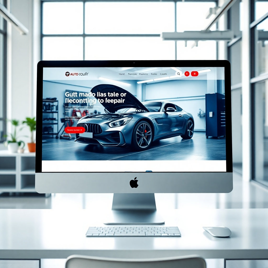 A photorealistic, ultra-high definition (8K) image depicting a sleek, modern auto repair website displayed on a large iMac screen.  The website showcases a captivating hero image of a technician working on a luxury car in a pristine, well-lit garage. Soft, diffused lighting illuminates the scene. The color palette is sophisticated, using deep blues, metallic greys, and clean whites. The overall mood is professional and trustworthy. The camera angle is slightly elevated, providing a clear view of the website's design and content. Textures include the smooth glass of the iMac screen, the metallic surfaces of the tools and car, and the rough concrete floor of the garage. The iMac sits on a minimalist white desk in a modern, open-plan office with soft natural light streaming in from large windows. The website's branding elements are subtly incorporated, reflecting a high-quality, professional image. The style should evoke the feeling of a high-end automotive brand, reminiscent of the work of photographer Peter Lindbergh.  The image should be hyperrealistic, with an emphasis on ultra-detailed textures and reflections.