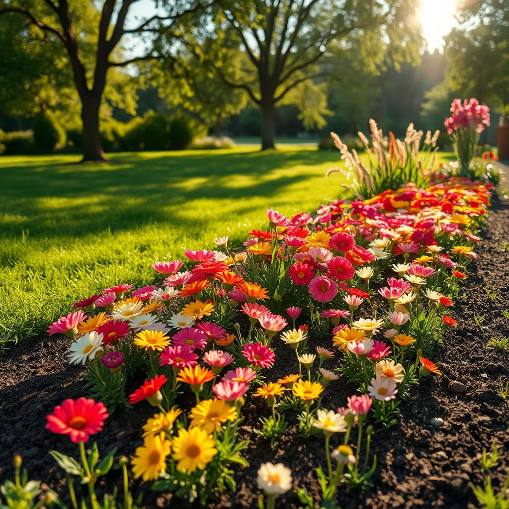 A photorealistic, ultra-high-resolution image of a newly installed flower bed, bursting with a vibrant array of blooming flowers. The flower bed is nestled in a well-maintained garden with lush green grass and mature trees. The sunlight bathes the scene in a warm, golden glow, highlighting the intricate details of the flowers and the textures of the soil and foliage. The composition includes a close-up view of the flower bed, showcasing the variety of colors, shapes, and sizes of the blooms.  The camera angle is slightly elevated, offering a perspective that highlights the beauty and vibrancy of the flower bed.  The image is rendered in a style reminiscent of botanical illustrations, emphasizing the delicate beauty of nature and the artistic skill involved in flower bed installation.