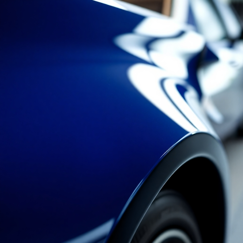 A photorealistic close-up shot of a car's freshly painted surface, showcasing the deep, glossy finish and the smooth application of the paint.  The paint should perfectly match the surrounding panels. The background should be blurred, focusing attention on the paint's quality. The lighting should emphasize the shine and reflections.