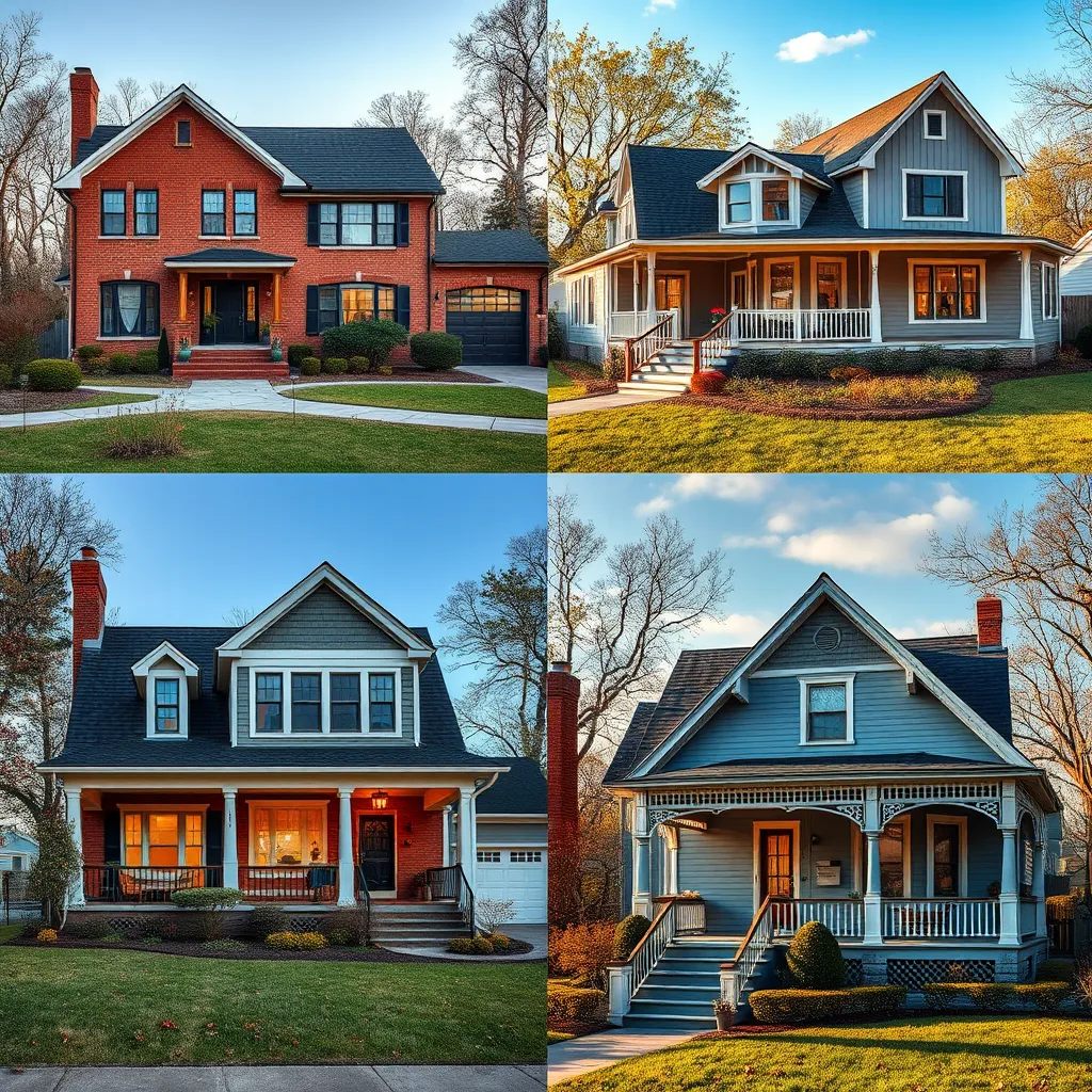 A photorealistic collage showcasing various types of homes in different Detroit suburbs. Include a classic brick colonial, a contemporary ranch, a modern farmhouse, and a charming Victorian, each with a unique exterior and landscaping.