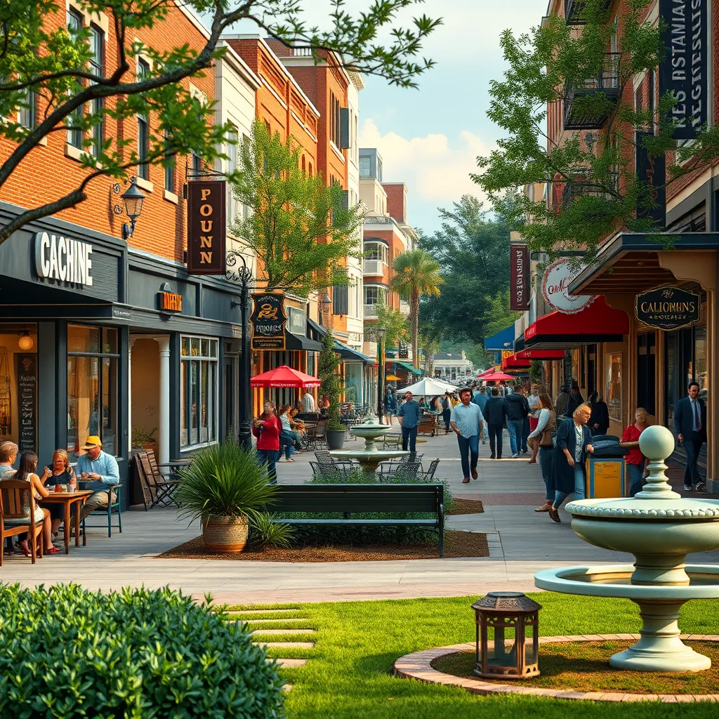 A photorealistic depiction of a bustling suburban downtown. Focus on a vibrant street scene with diverse shops, restaurants, and people enjoying outdoor dining and strolling along the sidewalks. Include a green space with a park bench and a fountain.