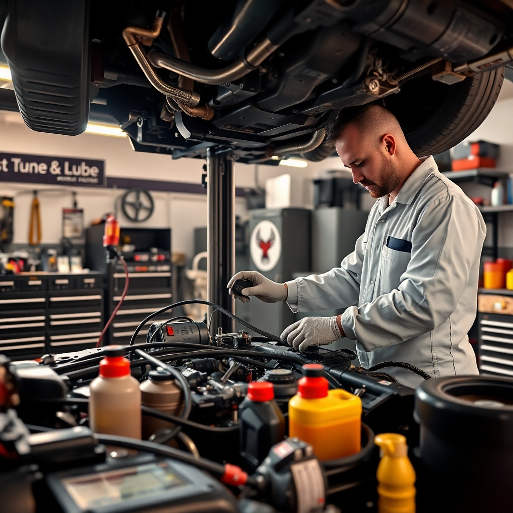 A photorealistic image, 8K resolution, hyperrealistic detail and color grading akin to National Geographic's nature photography, showing a meticulously detailed view of a mechanic performing a comprehensive vehicle maintenance check. The lighting is soft and diffused, creating a warm and inviting atmosphere.  The color palette is balanced, with muted earth tones and vibrant highlights on specific tools and parts. The scene is set in a bright, organized garage with various tools and equipment neatly arranged; the Fast Tune & Lube branding is present but not intrusive. The mechanic, wearing a pristine uniform, is shown meticulously inspecting key components: checking fluids, inspecting belts, and using diagnostic equipment.  The camera angle is slightly elevated, offering a comprehensive view of the process and the vehicle's undercarriage. Textures of the engine components, tools, and surfaces are extremely detailed, almost tactile.  Props included: various automotive tools, diagnostic equipment, fluid containers (oil, coolant).  Environmental elements include clean garage floors, and well-organized shelves. The mood is reassuring and professional, conveying competence and care.