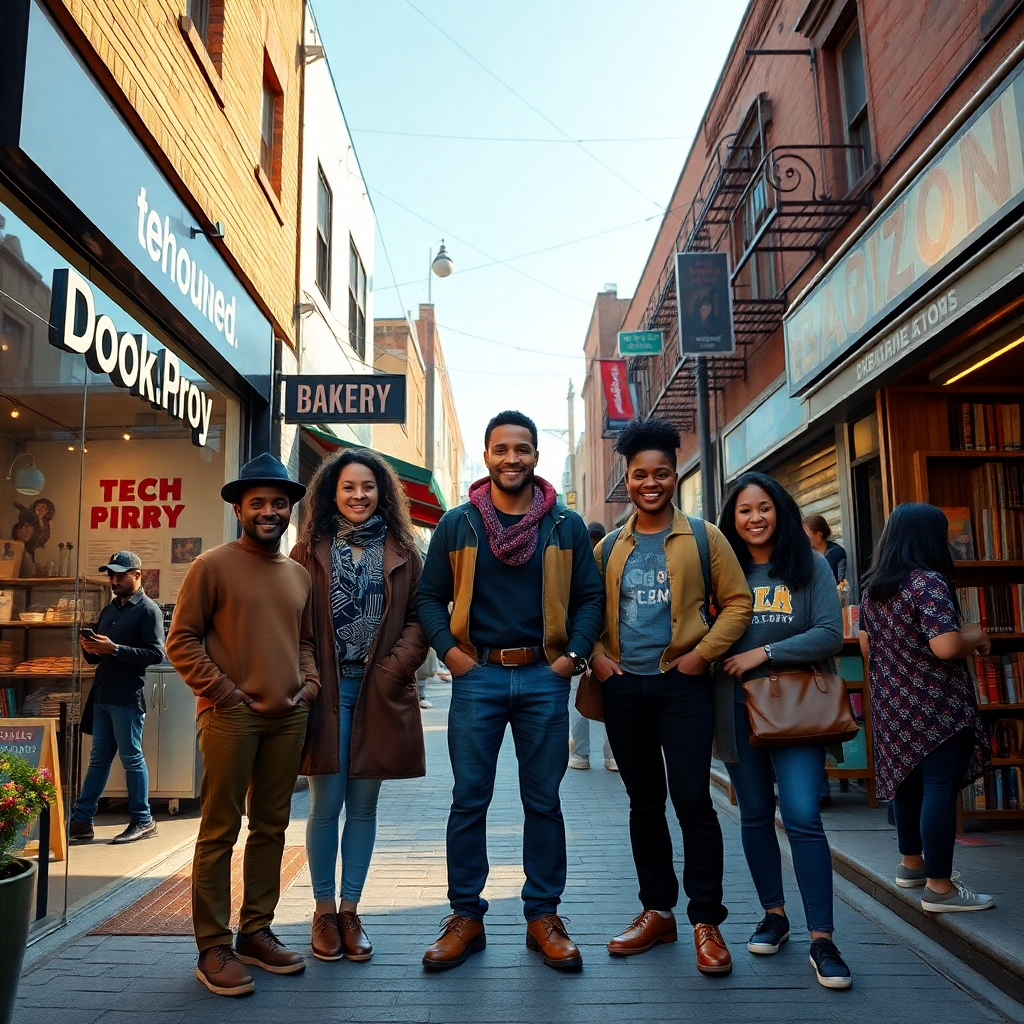 A photorealistic image, 8K resolution, hyperrealistic detail, in the style of Steve McCurry.  A diverse group of smiling small business owners stand proudly in front of their thriving businesses.  The businesses are diverse, showcasing a bakery, a tech startup office, and a vibrant community bookstore. Soft, warm lighting illuminates the scene, casting a welcoming glow. The color palette is rich and vibrant, featuring warm earth tones and pops of color from the businesses' signage and products.  The camera angle is from a slightly low perspective, making the business owners appear larger and more impactful. The image should emphasize textures, like the rough brick of the bakery, the sleek glass of the tech office, and the worn wooden shelves of the bookstore.  The background is a bustling, positive, and diverse urban street scene, showing a lively and supportive community.  Include elements such as street performers, passersby engaged in conversation, and a clear, sunny day.