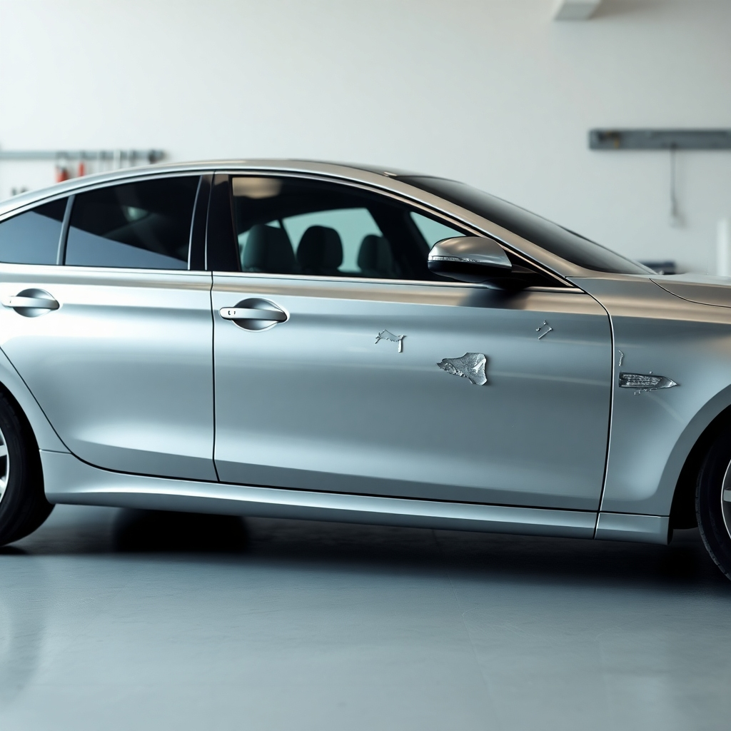 A photorealistic image, in 8k resolution, showcasing the meticulous repair of hail damage on a silver sedan. The image should be hyperrealistic, with ultra-detailed textures of the car's paint and the subtle imperfections caused by hail damage. The lighting should be soft and diffused, minimizing harsh shadows. The color palette is neutral and calming, with the silver car against a clean, light-grey background. The camera angle should be slightly elevated, allowing a comprehensive view of the repaired areas. The focus should be on the craftsmanship of the repair, showing smooth transitions between repaired and undamaged sections. The background should include a clean, professional auto repair shop environment with tools and equipment subtly integrated into the scene. The image should convey a sense of precision and expertise, restoring the vehicle to its pre-damaged condition. Style should reference professional automotive photography, showcasing the car's pristine condition after repair.  Focus on the detailed texture of the paint, including reflectivity, depth, and smoothness.  Use a shallow depth of field to emphasize the precision of the repair.