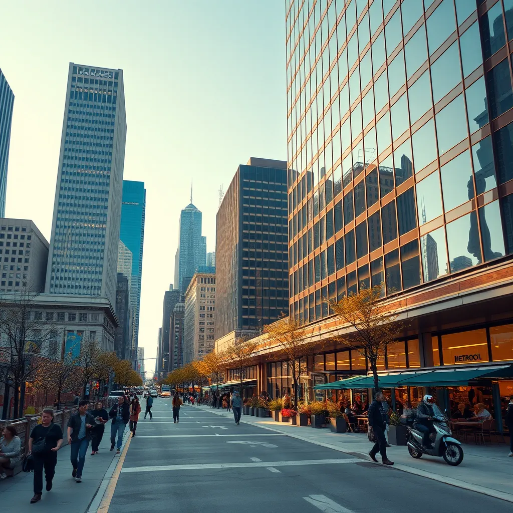 A photorealistic image capturing the dynamism of Detroit's redevelopment. Show a modern, sleek office building in the foreground, with a vibrant cityscape in the background.  There should be people walking on the street, enjoying outdoor cafes and public art installations. The image should convey a sense of optimism and progress.
