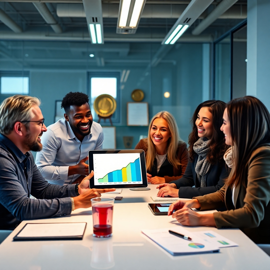 A photorealistic image depicting a diverse group of smiling entrepreneurs collaborating around a table in a modern, bright office space.  One entrepreneur is holding a tablet showcasing a business growth graph, while others are engaged in lively discussion.  The background should subtly showcase elements related to business success, such as awards, certificates, and positive financial charts. The overall mood should be energetic, positive and collaborative.