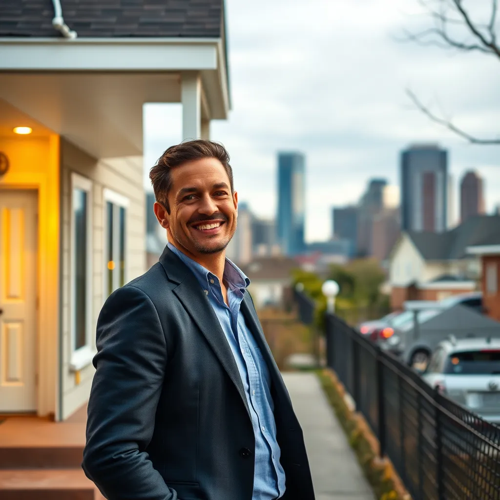 A photorealistic image depicting a contrasting scene of a real estate agent showing a modern, well-maintained home in a desirable Detroit neighborhood. In the background, a cityscape skyline with high-rise buildings is visible, suggesting a thriving city. The agent should be smiling, highlighting the affordability and opportunity in the Detroit market.
