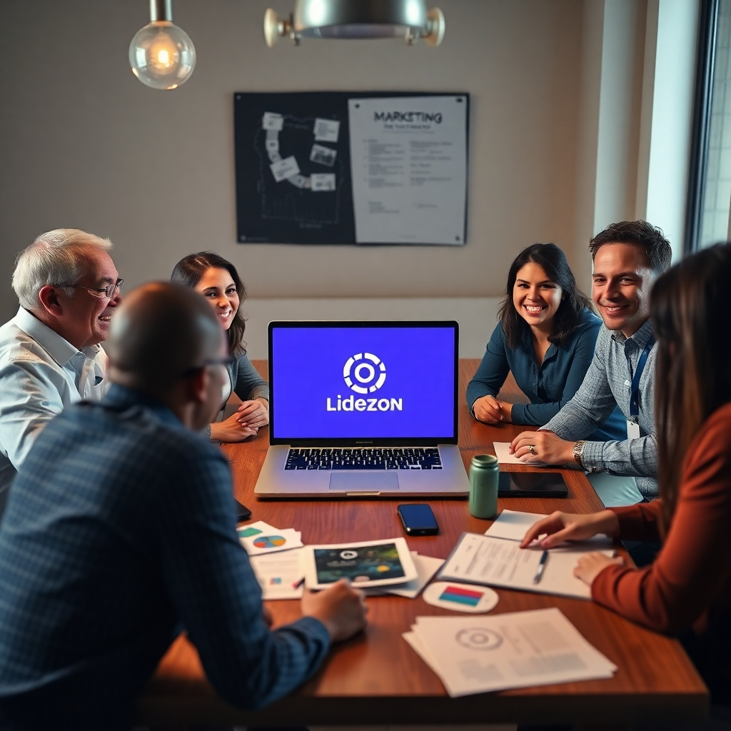 A photorealistic image depicting a brainstorming session around a table, with a laptop displaying a professional logo design, marketing materials scattered, and happy people collaborating. The atmosphere should feel creative and productive.