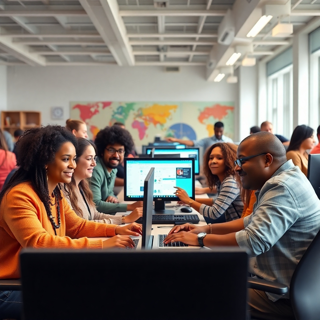 A photorealistic image depicting a community technology center, filled with diverse people of all ages using computers and other technology.  The environment should be bright, modern, and welcoming, emphasizing collaboration and learning.  Focus on the interactions and positive expressions of the participants. The image should have a high resolution and professional, inclusive look and feel, suitable for a website.