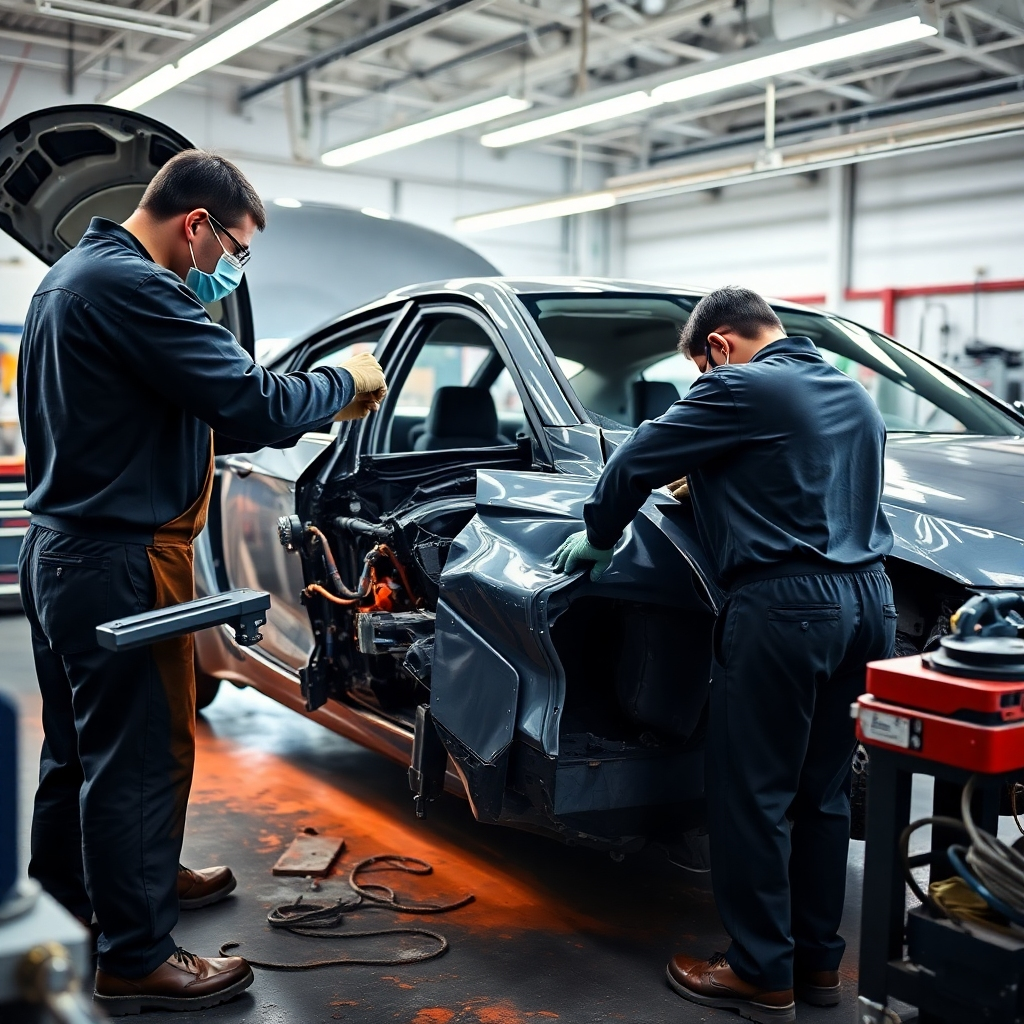 A photorealistic image depicting a damaged car being meticulously repaired in an auto body shop. Show skilled technicians using advanced tools and equipment, with a focus on precise panel alignment and paint matching.  The background should be a clean, well-organized workshop with bright lighting.