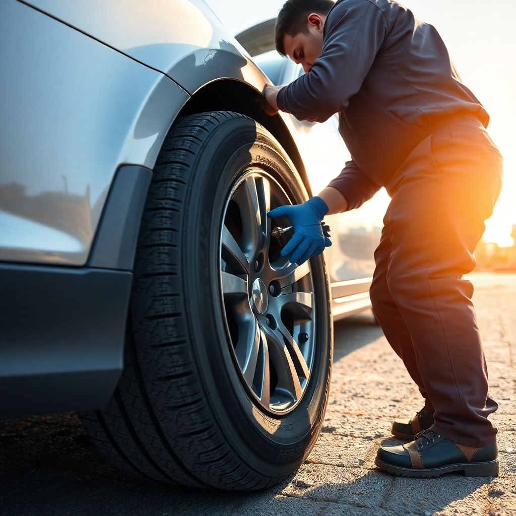 A photorealistic image depicting a mechanic quickly and expertly changing a flat tire on a car.  The scene should be set outdoors on a sunny day, with the mechanic using professional tools, emphasizing speed and efficiency. The tire should be visibly flat, and the replacement tire clearly shown.