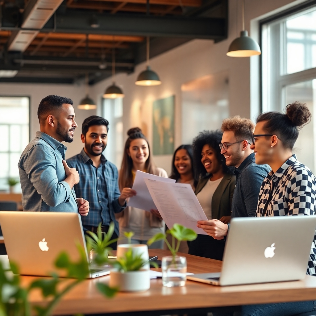 A photorealistic image depicting a diverse group of entrepreneurs collaborating in a modern, vibrant co-working space.  One entrepreneur is confidently presenting a business plan to a group, while others are engaged in lively discussions, laptops open, showcasing a sense of community and shared success. The background should subtly feature branding elements related to small business funding and support.