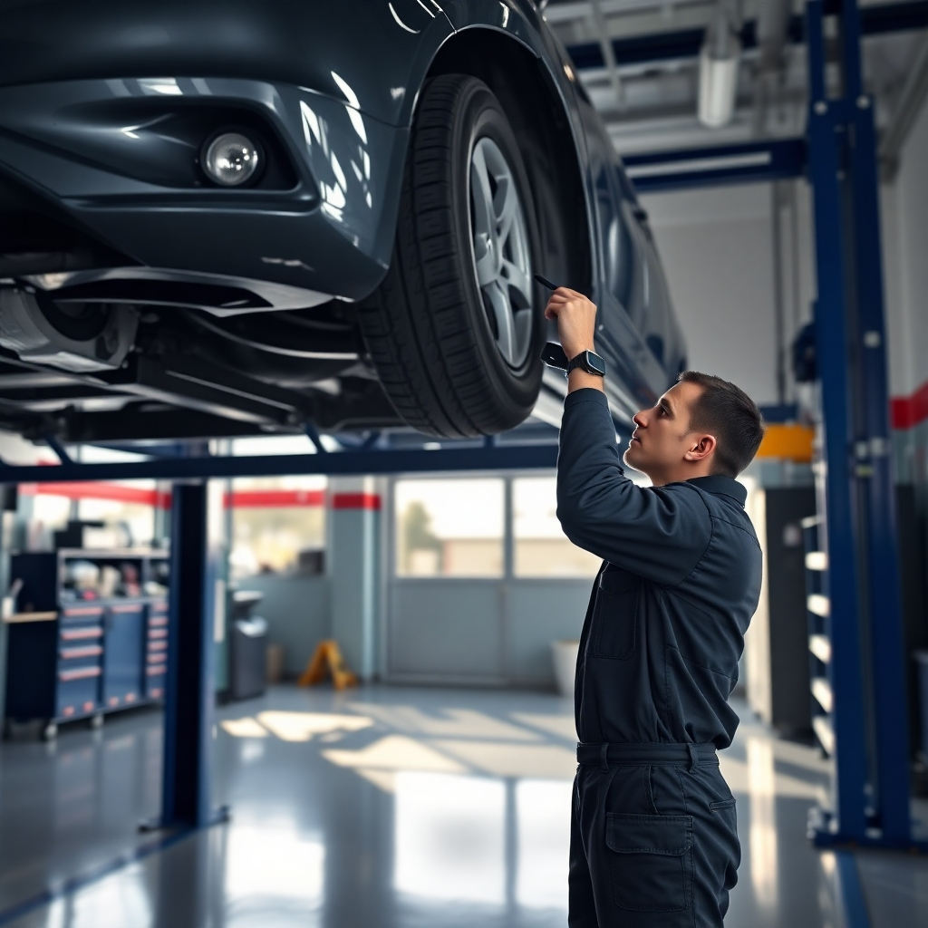 A photorealistic image depicting a clean and organized auto shop bay with a car elevated on a lift, highlighting the process of an oil change. Show a mechanic in a uniform carefully replacing the oil filter. The image should be sharply focused and well-lit, emphasizing precision and professionalism.