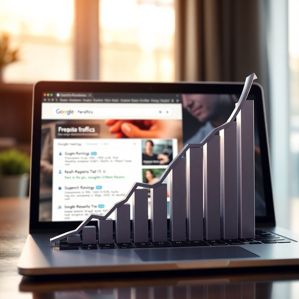 A photorealistic image depicting a graph dramatically rising upwards, representing increased website traffic. In the background, a laptop screen displays a website with high search engine rankings in Google search results. The image should be bright, positive, and convey success.