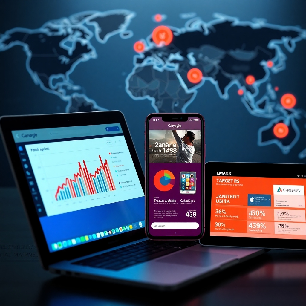 A photorealistic image depicting various digital marketing channels: a laptop displaying social media analytics, a phone showing a targeted ad campaign, and a tablet with email marketing metrics.  The background should show a world map with highlighted target markets. The image should communicate the effectiveness of a multi-channel marketing approach.