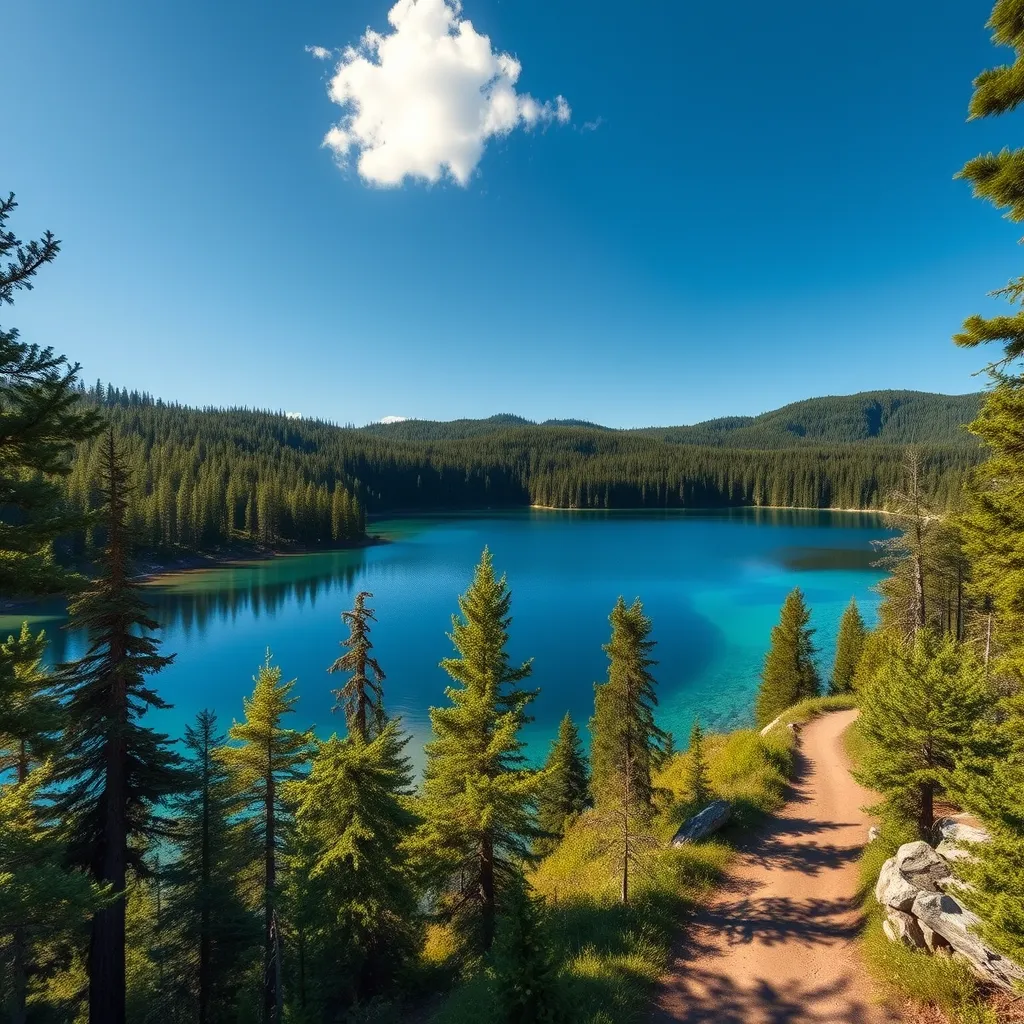 A photorealistic image depicting the natural beauty of Michigan, featuring a serene lake with clear blue waters, lush green forests, and a picturesque hiking trail winding through the woods. The image should showcase the stunning natural landscapes and outdoor recreation opportunities available in Michigan.