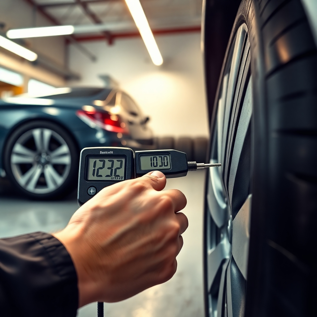 A photorealistic image depicting a person using a digital tire pressure gauge to check the inflation of a car tire. The background should show a well-maintained car with other tires and a clean, well-lit garage. The image needs to highlight the importance of proper tire inflation and should have a professional, high-quality look.