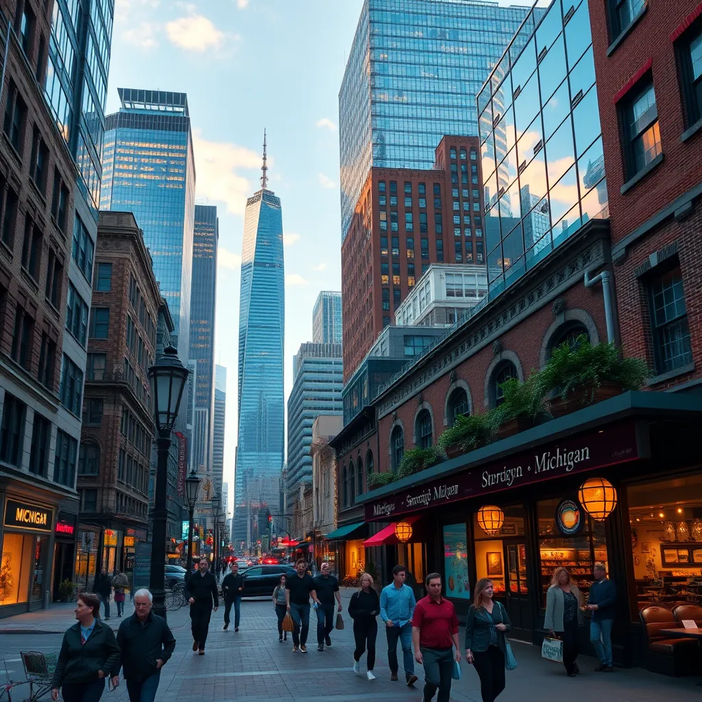 A photorealistic image depicting a bustling urban scene in Michigan, showcasing a mix of modern skyscrapers and historic buildings, with people walking on the streets, shops, and restaurants. The image should highlight the vibrant and dynamic urban life in Michigan cities.