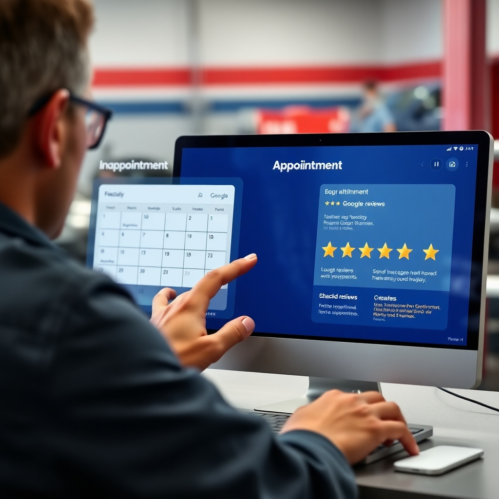 A photorealistic image depicting a customer easily booking an appointment on a user-friendly auto repair shop website. The image should show a clean and intuitive appointment scheduling interface with clear calendar views, along with a prominent display of positive Google reviews with star ratings and customer testimonials underneath. The overall aesthetic should convey ease of use and instill trust.