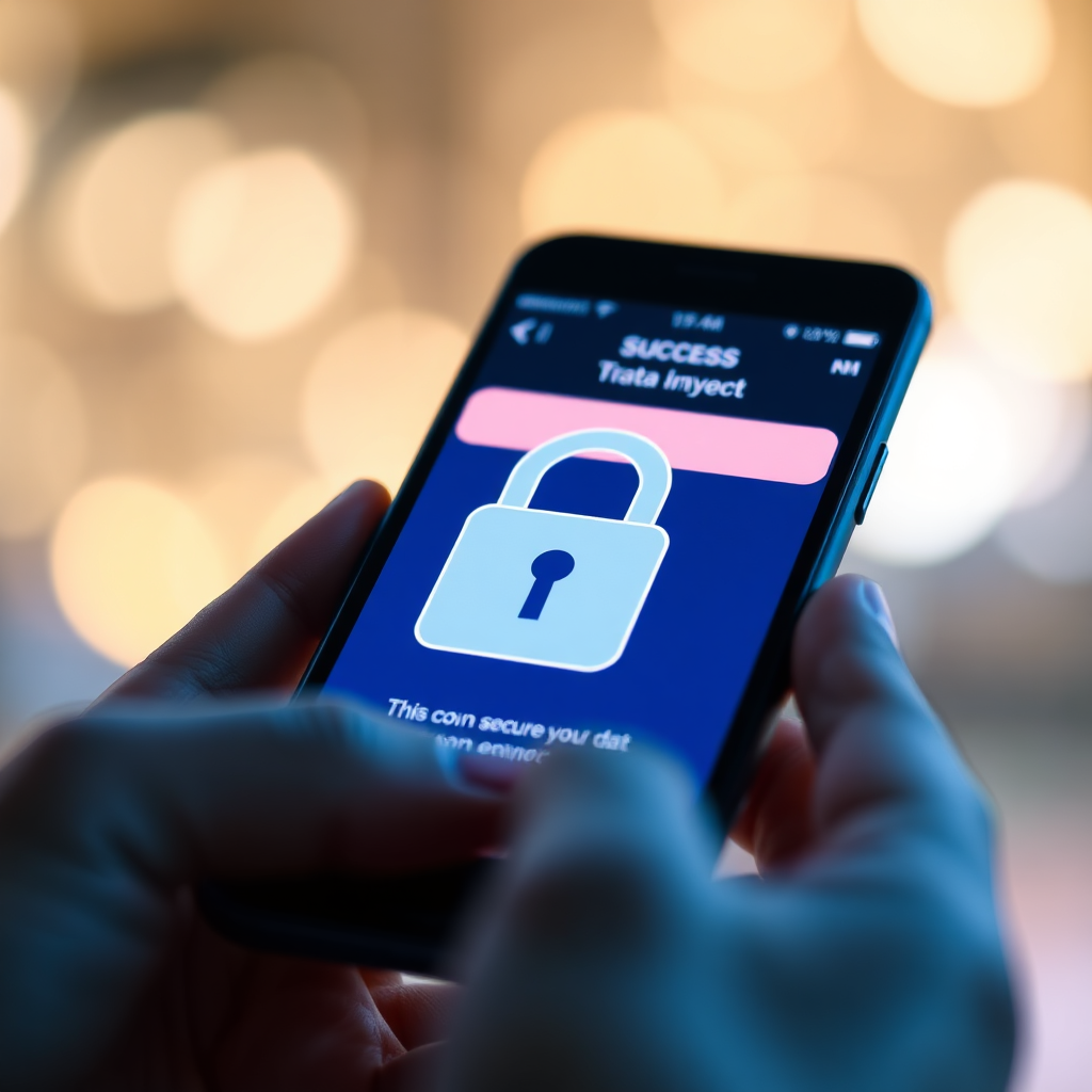 A photorealistic image featuring a secure padlock symbol overlayed on a smartphone screen displaying a successful online transaction. Focus on the secure connection and data encryption. Soft, blue lighting to convey trust. The camera angle is close up to the phone screen. The background is blurred to keep focus on the transaction.