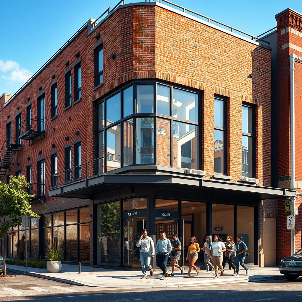 A photorealistic image in the style of a modern architectural rendering showing an updated apartment building in downtown Detroit. The building is a striking mix of industrial and contemporary elements, with exposed brick, sleek metal accents, and large windows.  The scene should capture the vibrant energy of the city, with the street below bustling with activity.  A group of diverse individuals, representing the building's tenants, are walking through the building's entrance, smiling and interacting with each other.  The lighting should be bright and natural, highlighting the building's clean lines and modern design.  The image should evoke a sense of community, optimism, and the promise of a thriving urban environment. The details should be ultra-realistic, capturing the textures of the brick, the reflections in the windows, and the bustling city life.