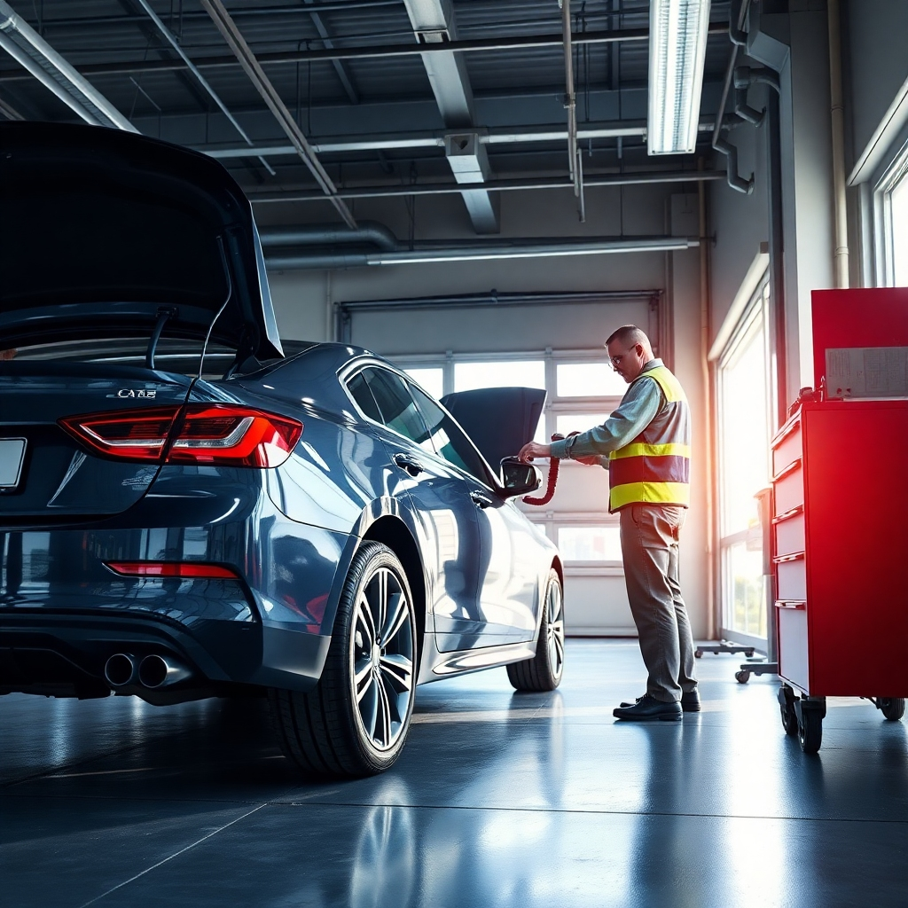A photorealistic image of a mechanic performing a state inspection on a car. The image should show the mechanic using professional equipment and carefully checking various parts of the car. The mechanic should be wearing a uniform, and the setting should be a well-lit and organized auto repair shop.  The image must clearly convey the professional and thorough nature of the inspection process.  The car should be clean, but not overly staged.