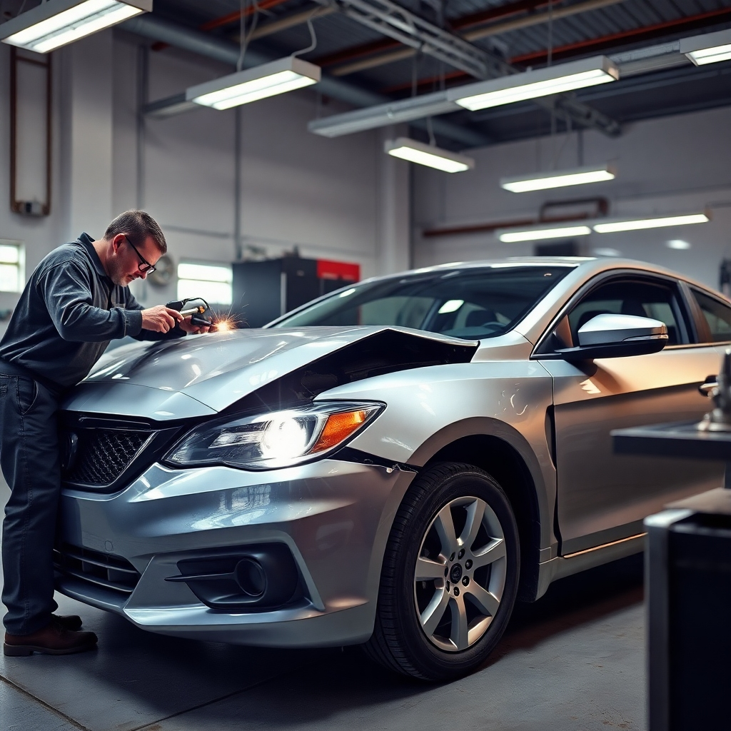 A photorealistic image of a car in a collision repair shop, with mechanics working on it. The car should show significant damage, such as a dented hood and broken headlight, and the mechanics should be using tools like a welding torch and body filler. The background should be a clean, well-lit auto body shop. The overall mood should be one of professionalism and expertise.