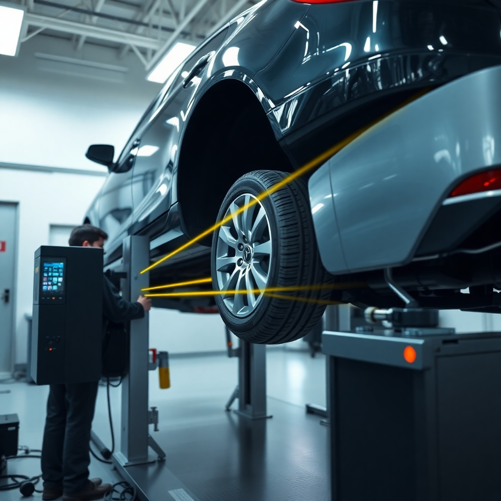 A photorealistic image of a car undergoing a wheel alignment check.  The car should be lifted on a rack, with a technician using a wheel alignment machine. The machine's laser beams should be clearly visible, and the overall setting should be clean and professional, emphasizing precision and technology. The image should have a bright, well-lit setting, highlighting the detail of the equipment.