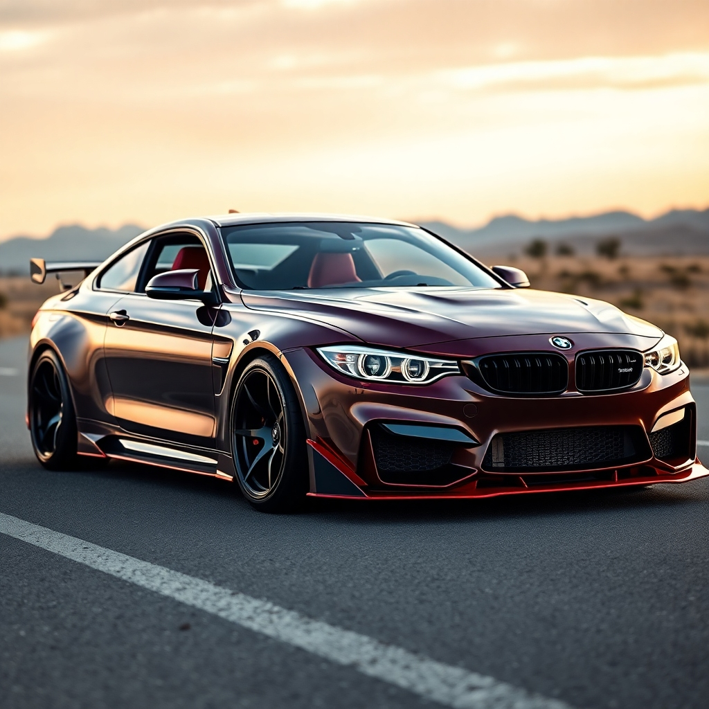 A photorealistic image of a customized car, sharply focused, with vibrant colors. Show sleek aftermarket body kits, custom paint jobs, upgraded wheels and tires, and perhaps even interior modifications like custom leather seats. The background should be an open road or a scenic location to highlight the customized vehicle's aesthetics.