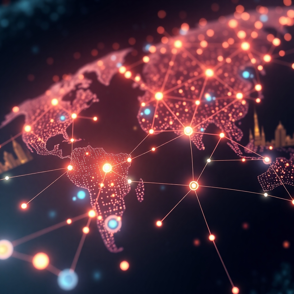 A photorealistic image of a diverse global network visualized as a futuristic, glowing network of interconnected nodes, with each node representing a person or business. The nodes should be connected by glowing lines symbolizing communication and collaboration.  The background should show various global landmarks subtly, hinting at a global reach.