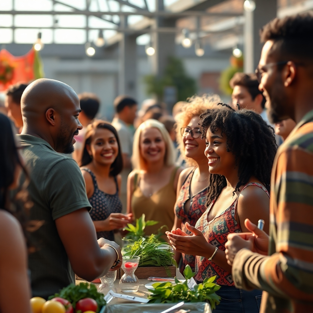 A photorealistic image of a diverse group of people happily interacting at a vibrant community event. The setting could be a bustling farmer's market, a tech workshop, or a networking event.  The focus should be on genuine human connections and a sense of community.  Include elements showing shared activities, smiles, and positive interactions, capturing a feeling of belonging and support.