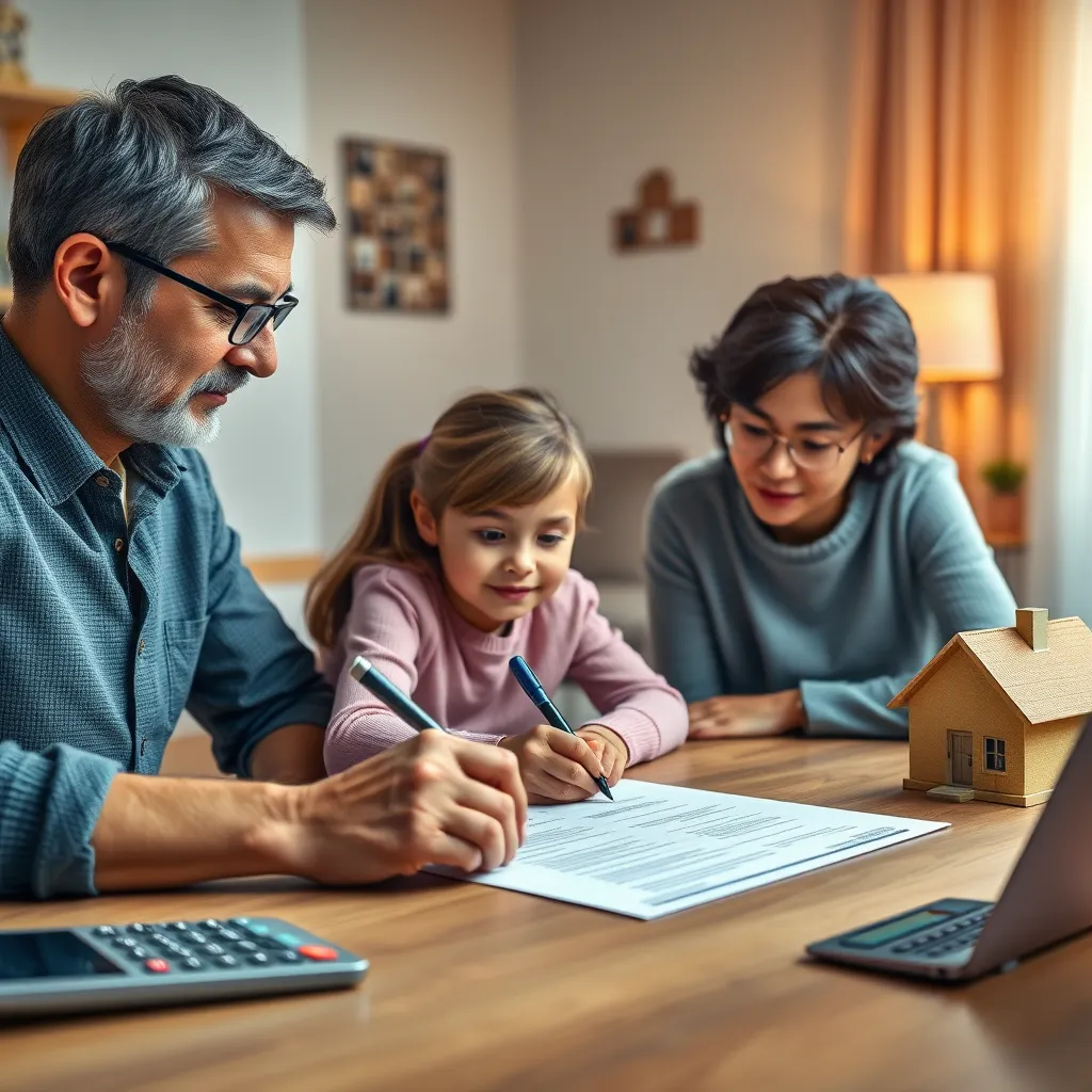 A photorealistic image of a family signing a mortgage document at a desk, with a house model and a calculator in the background.