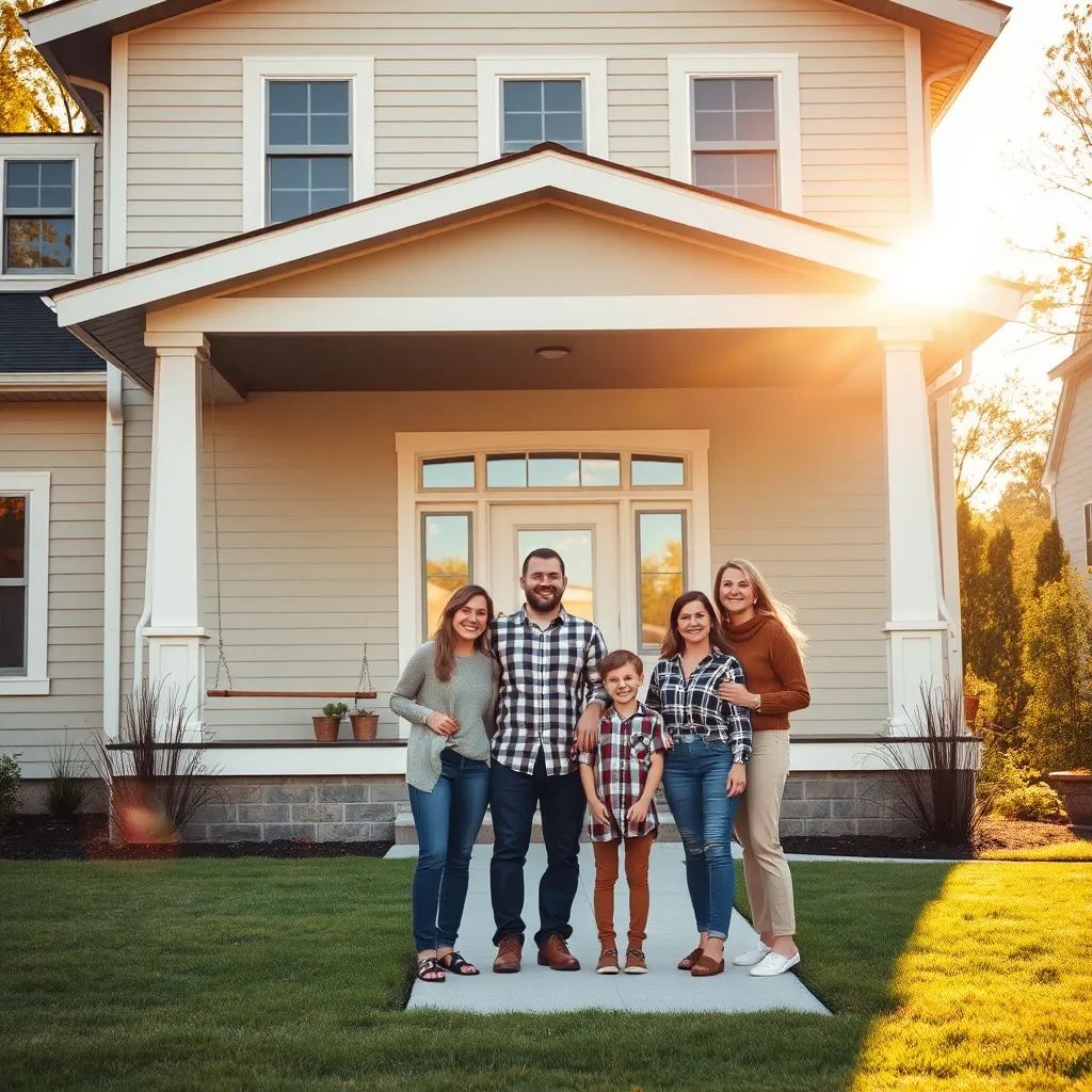 A photorealistic image of a happy family standing in front of a beautiful modern house in a Michigan suburb. The house has a large, welcoming front porch with a swing, and a manicured lawn. The sun is shining brightly, casting a warm, inviting glow on the scene. The family is dressed casually, and they are all smiling. The image should have a warm, inviting color palette, and the lighting should be natural and soft. The camera angle should be slightly elevated, giving the viewer a sense of looking down on the family and their new home. The image should be ultra-detailed, with sharp focus and realistic textures.  The image should capture the feeling of joy, excitement, and accomplishment associated with buying a new home.  This is a dream come true moment for the family, and the image should reflect their happiness.