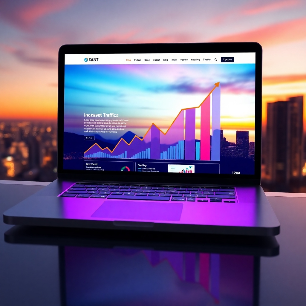 A photorealistic image of a laptop displaying a vibrant, modern website design on a screen, with upward trending graphs and charts overlaid, showcasing increased website traffic and search engine rankings. The background should subtly feature a cityscape at sunset, symbolizing growth and opportunity. The overall style should be clean, modern, and professional.