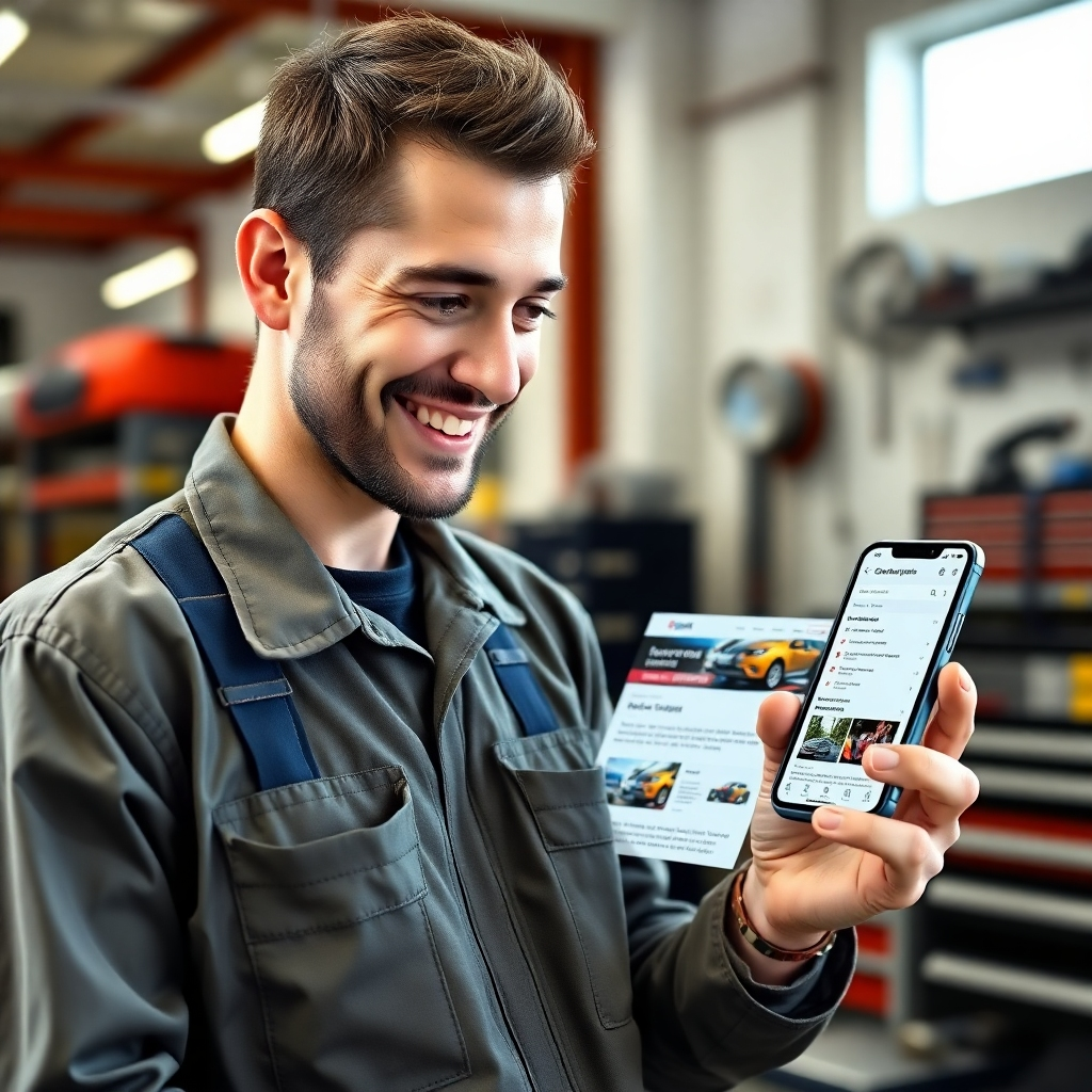 A photorealistic image of a mechanic smiling and looking at a tablet showing a website with high rankings on Google search results, and a smartphone displaying the same website perfectly optimized for mobile viewing.  The background should be a clean, modern auto repair shop with professional tools visible. The lighting should be bright and welcoming.
