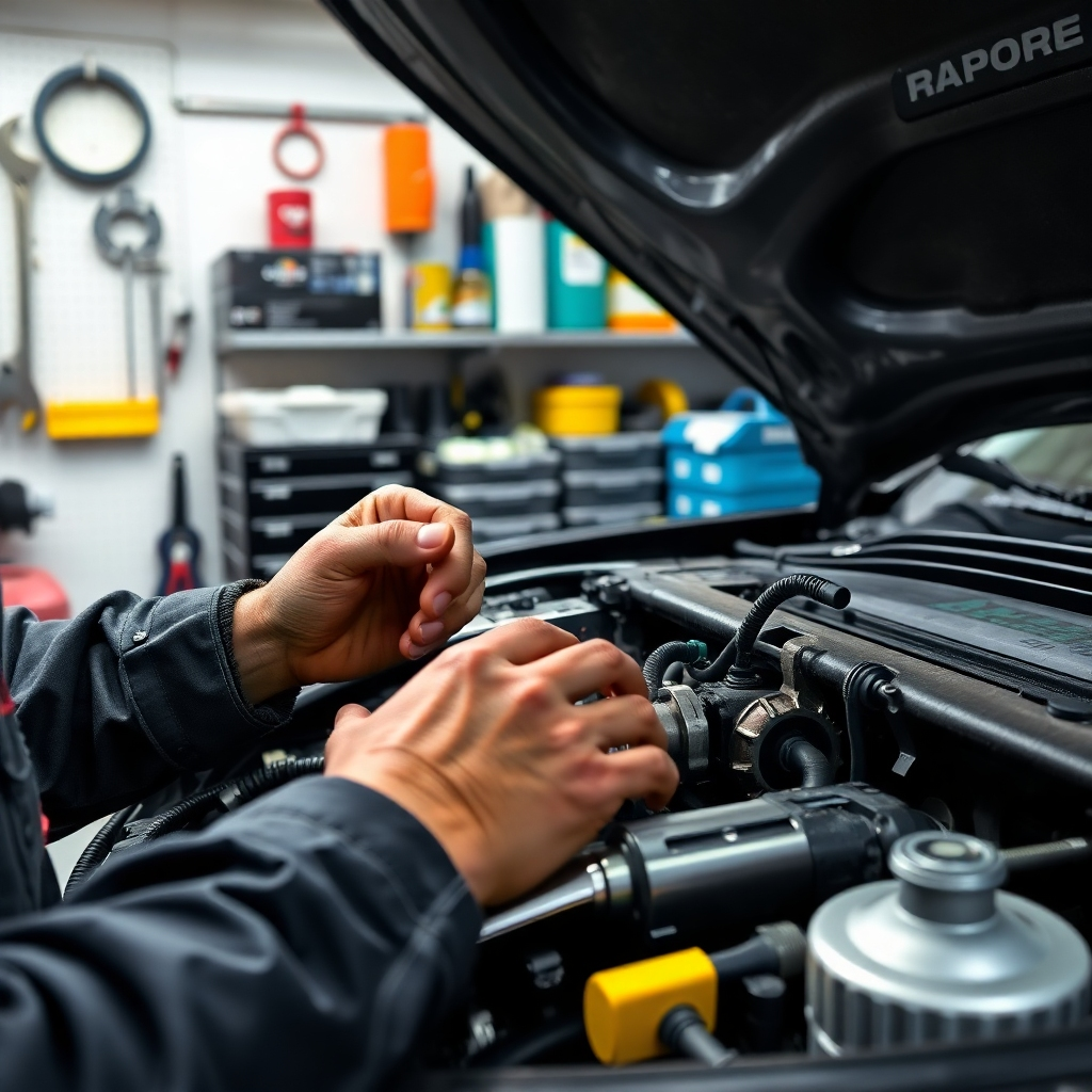 A photorealistic image of a mechanic performing routine maintenance on a car in a clean, organized garage.  Clearly show tools like wrenches, oil filters, and other automotive supplies. The image should convey a sense of care and precision. The focus should be on the hands of the mechanic carrying out the process and the components they're working on.