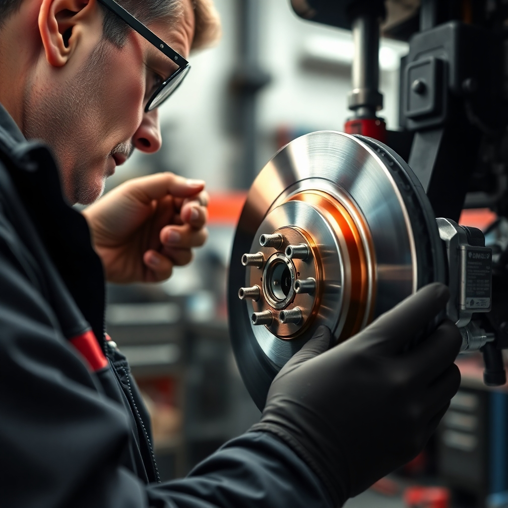 A photorealistic image of a mechanic meticulously inspecting brake components. Close-up view of brake pads, rotors, and calipers. The setting should be a well-organized auto repair shop, highlighting the care and attention to detail in the inspection. Use sharp focus and lighting to showcase the condition of the components and the tools used for inspection.