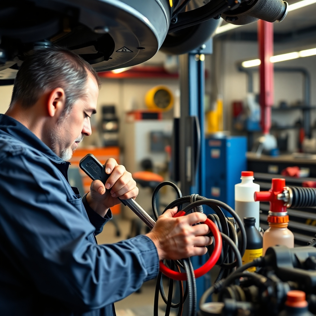A photorealistic image of a mechanic performing a comprehensive vehicle inspection using various tools. The image should showcase different components such as belts, hoses, and fluids. The setting should be a professional auto repair shop with clean, organized tools and equipment, emphasizing the importance of preventative car maintenance.